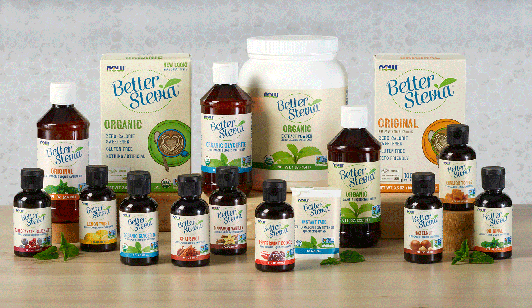 Group of BetterStevia Brand Products including liquids of many flavors, Liquids Packets and tabs. 