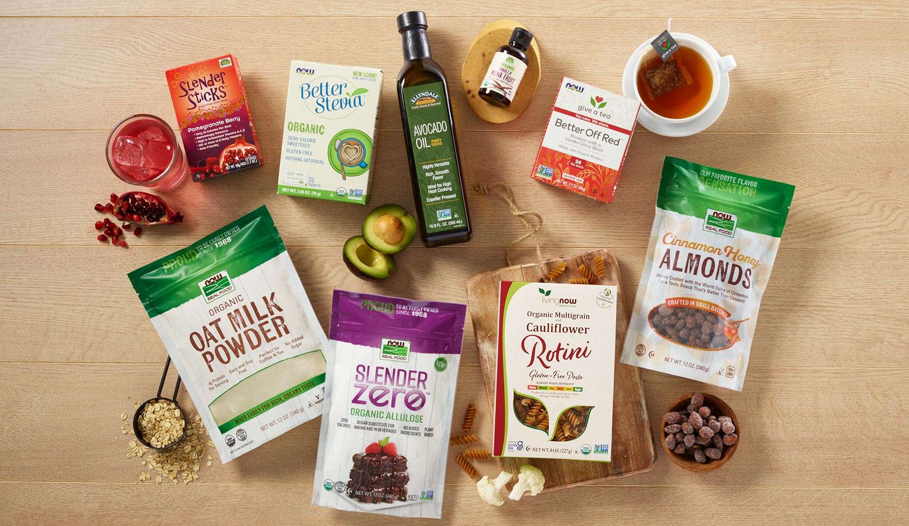 Group of Natural Food Products Including; Slender Sticks, Better Stevia, Avocado Oil, Monk Fruit, Give a Tea, Almonds, Cauliflower Rotini, Slender Zero Allulose and Oat Milk Powder