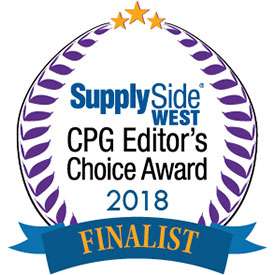 Image with blue banner at bottom with the word finalist inside and purple leaves on each side and three yellow stars at the top and words read supply side west cpg editor's choice award two thousand eighteen