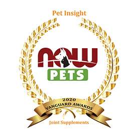 Somewhat circular shape gold exterior edge with a banner at the bottom that reads two thousand twenty Vanguard Awards with the words Pet Insight at the top and Joint Supplements at the bottom, The NOW Pets logo is in the center in maroon and green and a side view sketch of a dog in the letter O..
