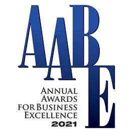 Square without a border with capital letters A A B E and reads Annual Awards for Business Excellence two thousand twenty one.