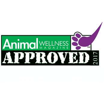 Green, black and white rectangular logo with a purple pawprint extended to look like a check mark in upper right corner. The words Animal Wellness Magazine Approved 2017 are written on the logo.