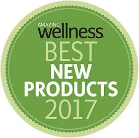 Green circle with lettering that reads amazing wellness best new products 2017