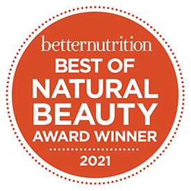 Red round logo with white lettering that reads Better Nutrition Best of Natural Beauty Award Winner two thousand twenty one.