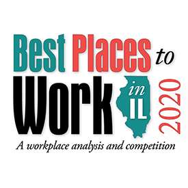 Words within a rectangle with no outline to comprise a logo that includes a green shape of the state of Illinois. The words shown are Best Places to Work in IL two thousand twenty A workplace analysis and competition.