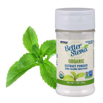 stevia leaf and bottle of BetterStevia Extract Powder