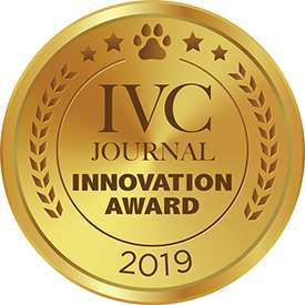 Gold circle logo with a pawprint and four stars at the top and leaves on the sides. The words on the logo are IVC Journal Innovation Award two thousand nineteen