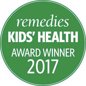 Green circle with white lettering inside that reads remedies kid's health award winner 2017