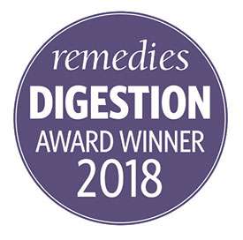 Purple circle with white lettering inside that reads remedies digestion award winner two thousand eighteen