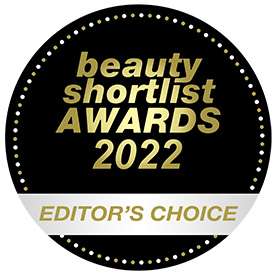 award logo circle with blaci background and gold text - beauty shortlist AWARDS 2022 - horizontal siver stripe across bottom with gold text EDITOR'S CHOICE