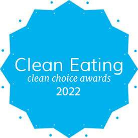 a sky blue, star-like circle with 12 points and text Clean Eating clean choice awards, 2022 in the center.
