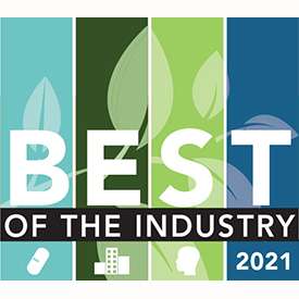 Best of the Industry 2021 award logo from Nutritional Outlook - square image with four vertical panel that are turquoise, dark green, light green and deep blue