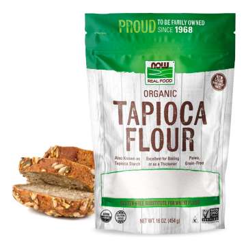 Bag of Organic Tapioca Flour with loaf of bread behind with 3 slices cut off.