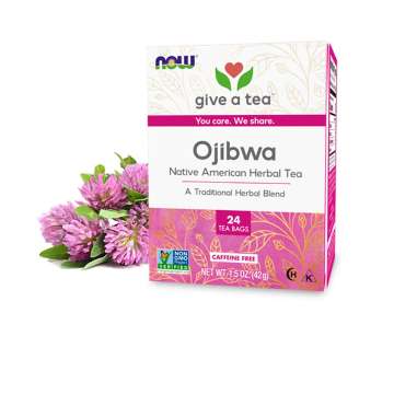 box of give a tea Ojibwa tea with pink flowers behind