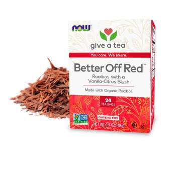 box of NOW give a tea Better Off Red tea and tea leaves behind