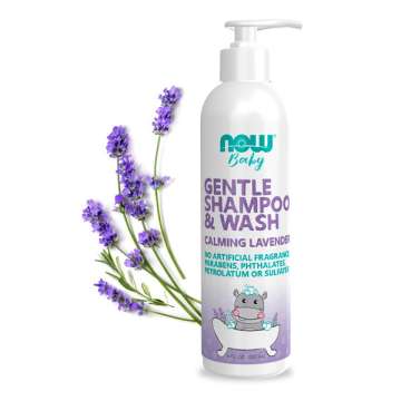Bottle of NOW Baby Gentle Shampoo & Wash with Lavender sprigs behind it