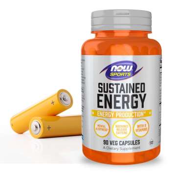 NOW Sports Sustained Energy Veg Caps with Generic batteries behind product