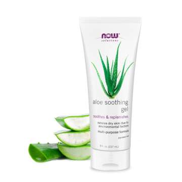 Bottle of NOW Solutions Aloe Soothing Gel with pieces of aloe cut up next to it