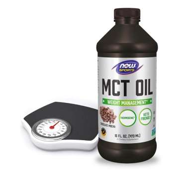 NOW Sports MCT Oil product next to a weight scale 