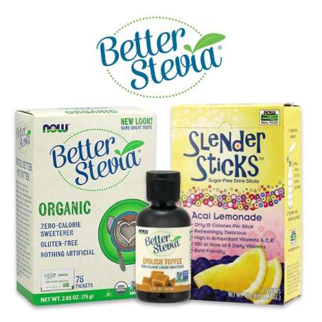 BetterStevia product group with Organic Packets, Toffee Flavor liquid and Lemonade Slender Sticks 