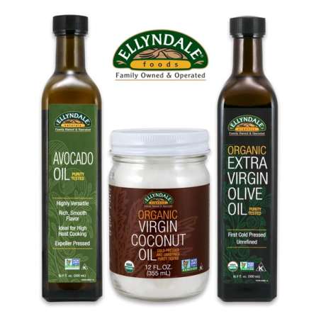 Ellyndale Foods Logo, Bottle of Avocado Oil, Extra virgin Olive Oil and jar of Virgin Coconut Oil