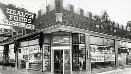 old black and white photo of health food store
