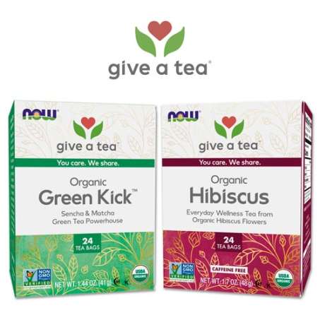 give a tea logo and boxes of Heavenly Hip Hibiscus and Green Kick