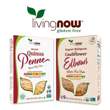 LivingNOW Gluten Free Logo with boxes of quinoa Penne pasta Cauliflower Elbows Pasta