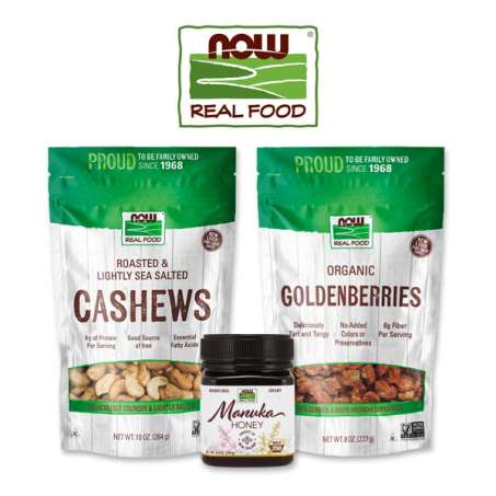 NOW Real Foods Logo, Bag of Cashews, Bag of Goldenberries, and jar of Manuka Honey