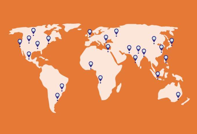 flat world map with orange background and lighter orange country silhouettes, various blue location pins place throughout