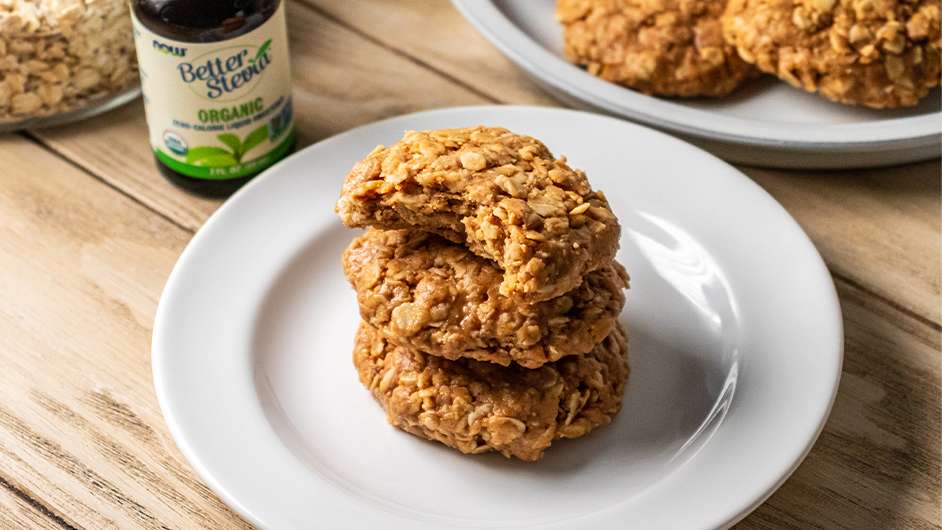 top view of three no bake peanut butter oatmeal cookies