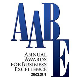 Square without a border with capital letters A A B E and reads Annual Awards for Business Excellence two thousand twenty one.