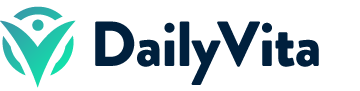 Daily Vita logo, dark blue text with a stylized teal V that vaguely resembles a person.