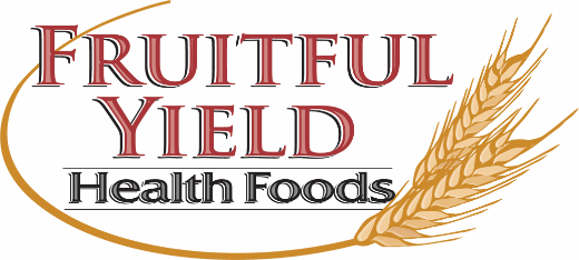Fruitful Yield logo, red text with "Health Foods" in black underneath, as well as a stalk of golden wheat curled around.