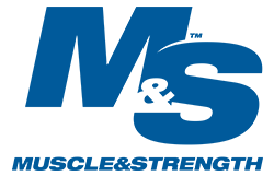 Muscle and Strength logo, a large stylized M&S in blue with Muscle & Strength underneath.