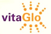 VitaGlo logo, purple "Vita" text and orange "Glo" text with sun rays coming off the "Glo".