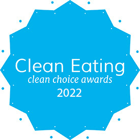 a sky blue, star-like circle with 12 points and text Clean Eating clean choice awards, 2022 in the center.