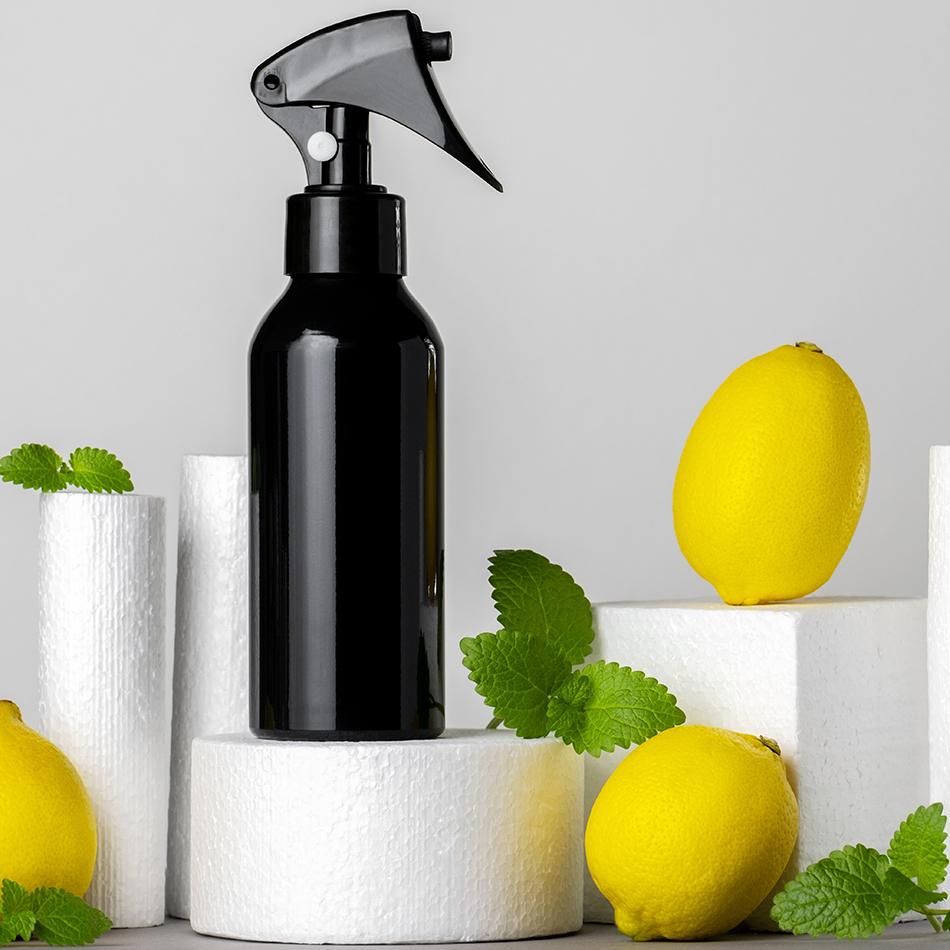 brown glass spray bottle with lemon