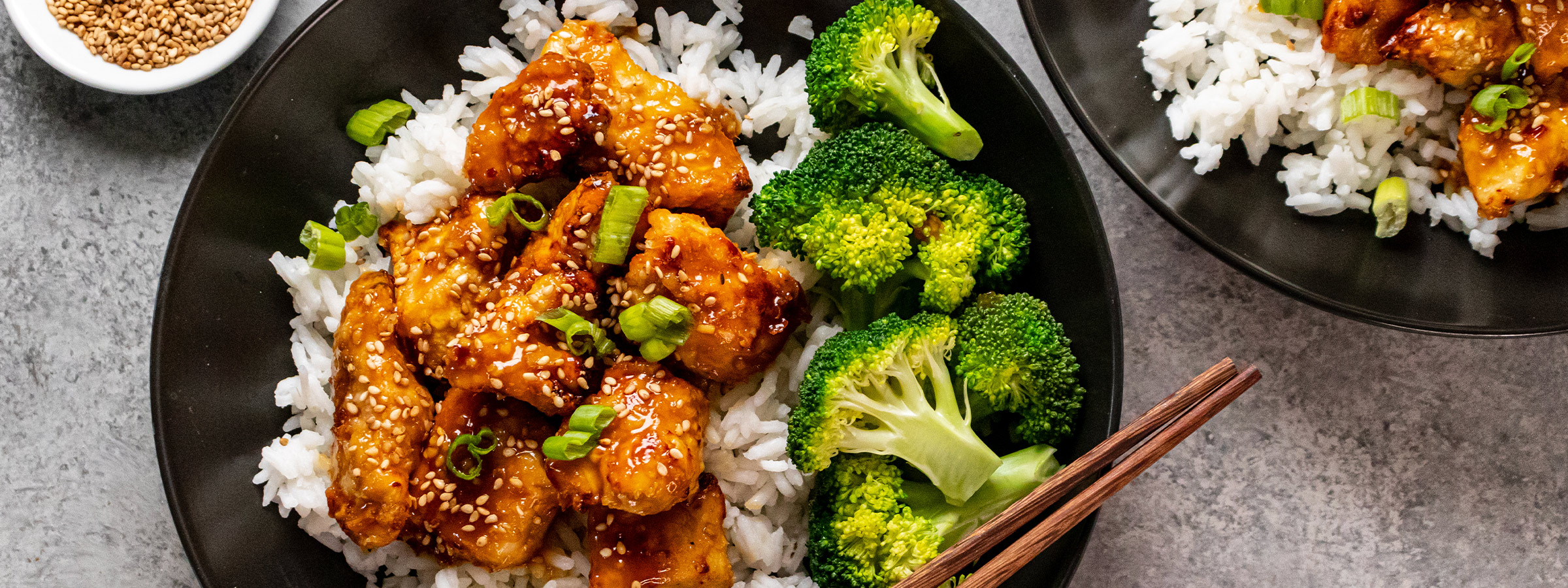 top view of bowl of general tso chicken