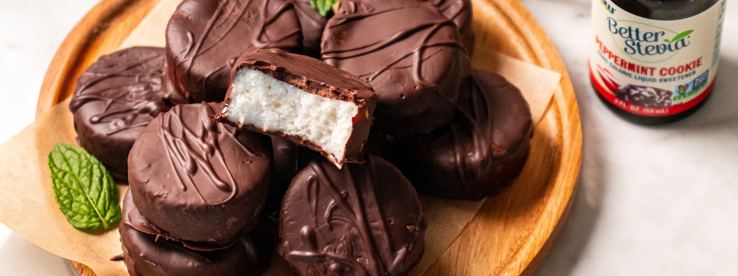 Top view of plate of Coconut Peppermint Patties 