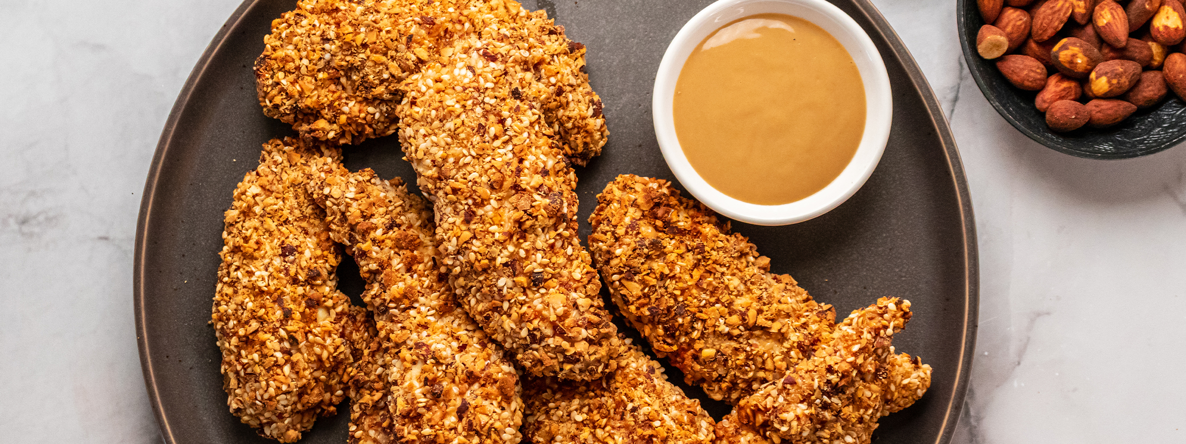 top view of Tamari Almond and Sesame Air Fried Chicken Tenders