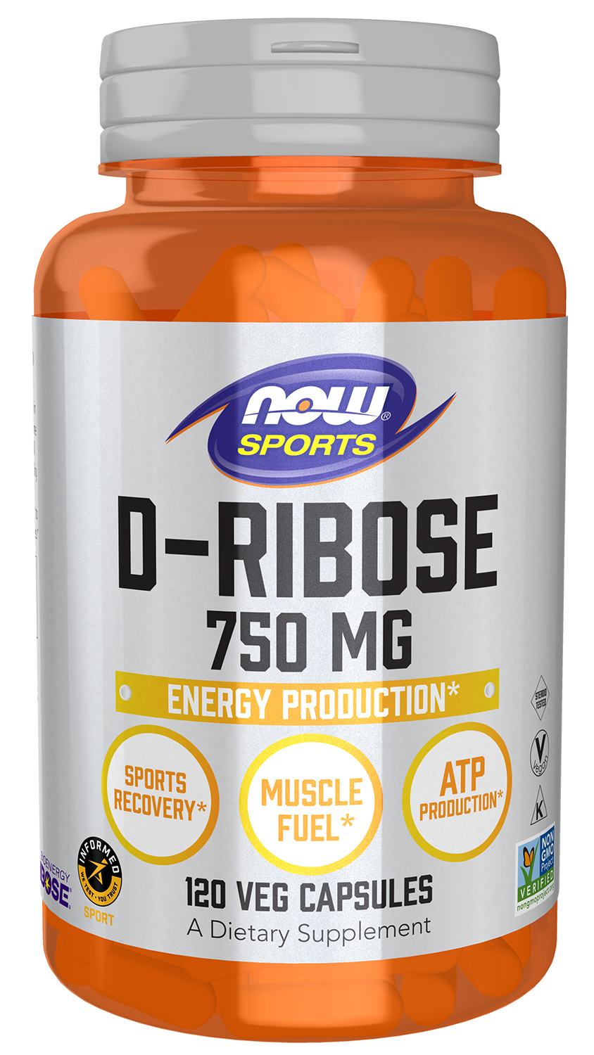 D-Ribose 750 mg - 120 Veg Capsules Bottle Front