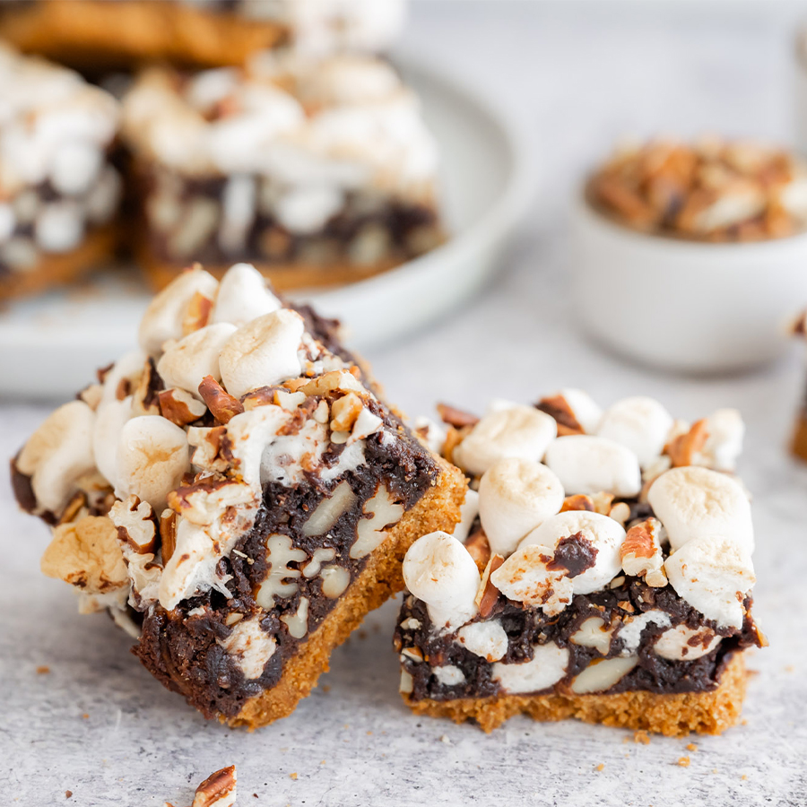 close up view of Gooey Roasted Pecan S’mores Bars
