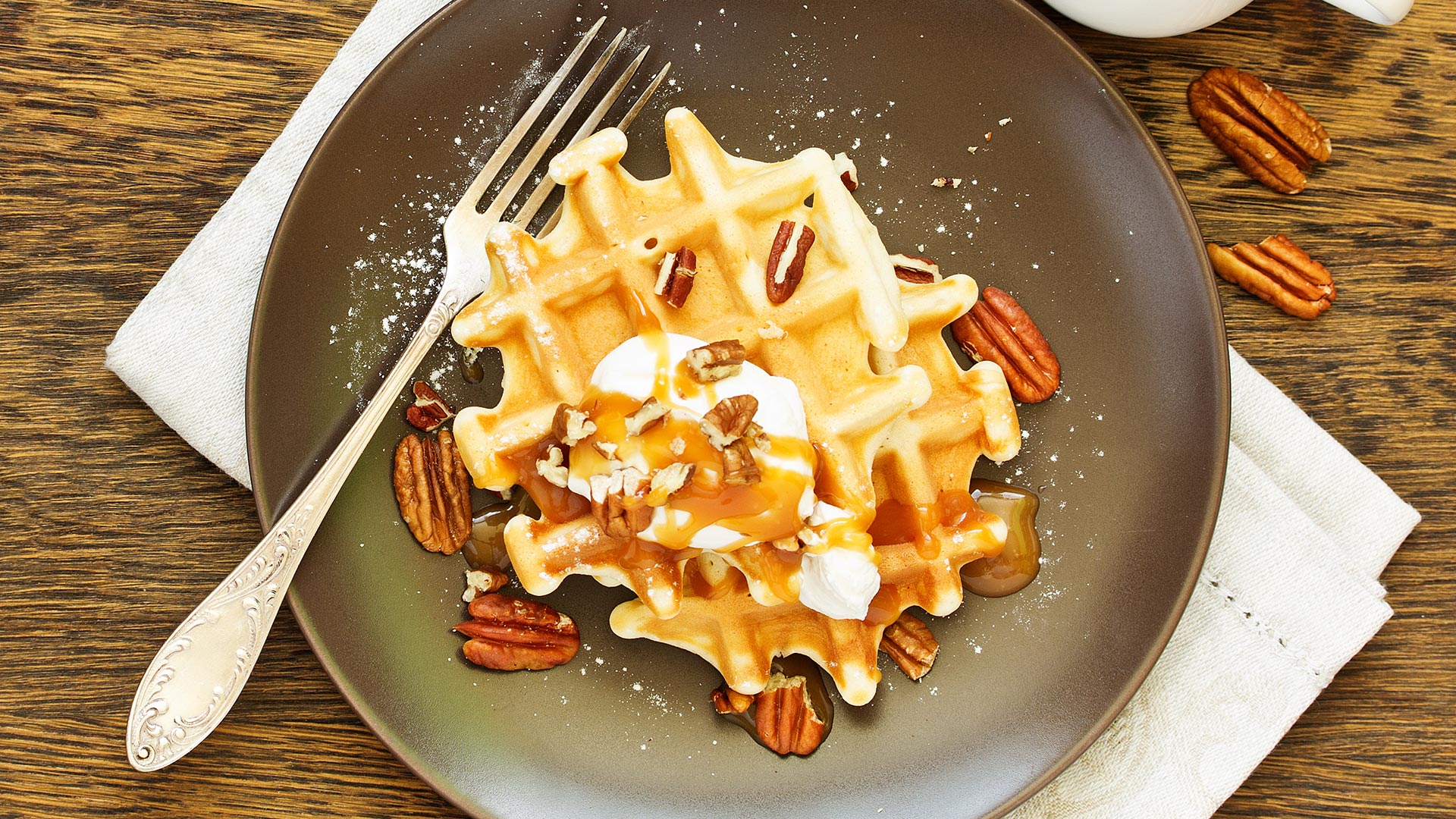 Pumpkin Waffles on plate with Pecans