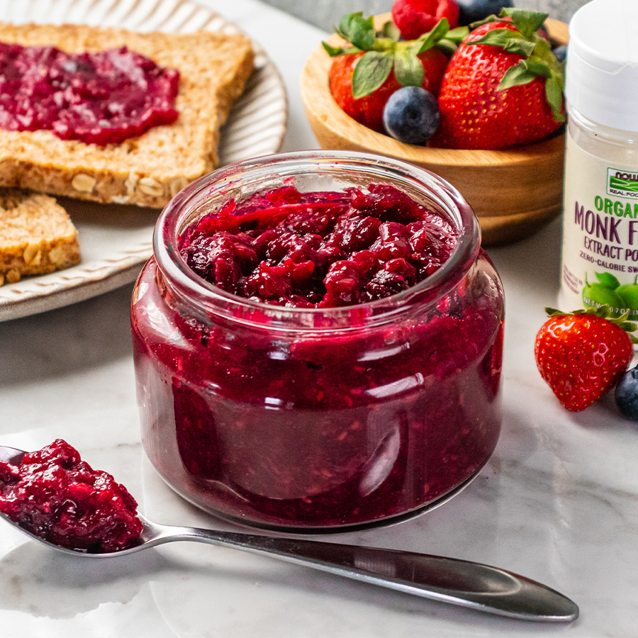jar of Triple Berry Jam with jar of NOW Monk Fruit in the background