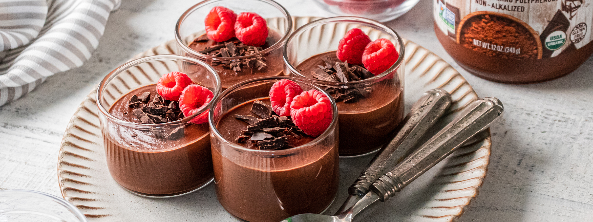 top view of 4 glasses of Vegan Double Chocolate Panna Cotta
