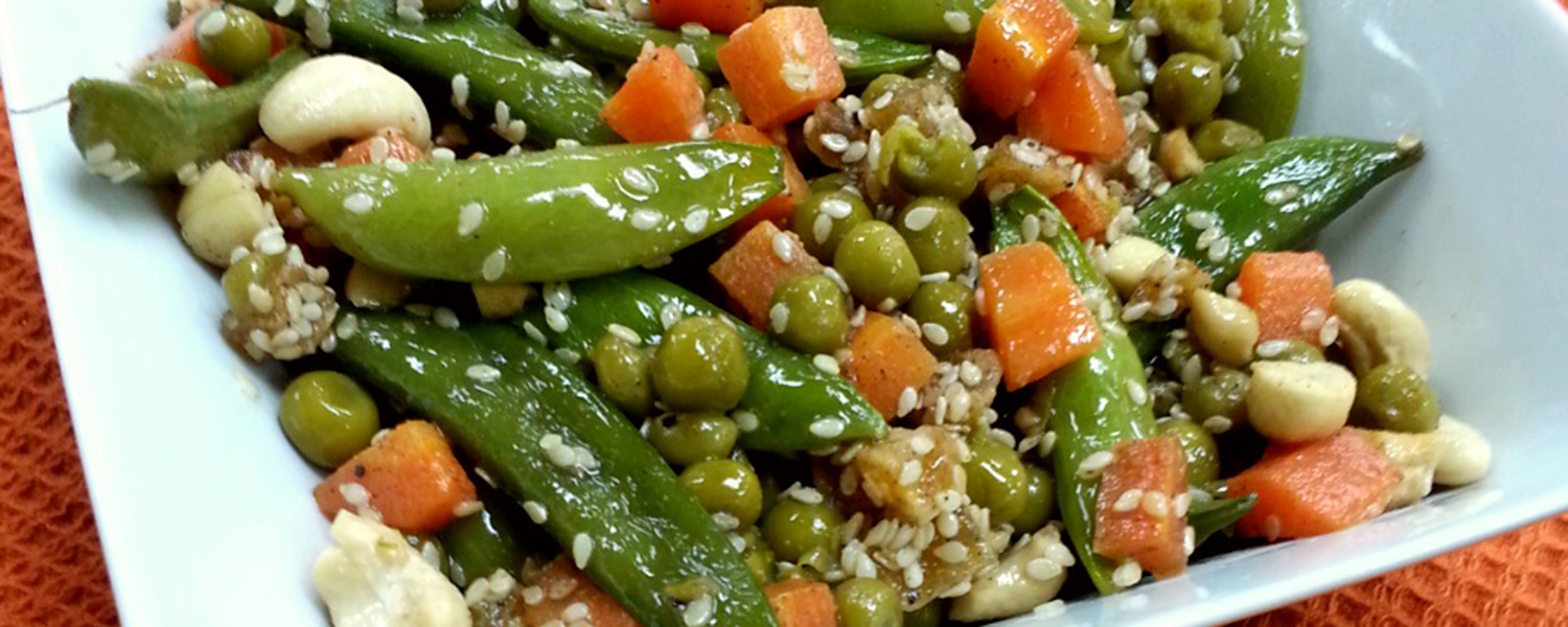 Dinner plate filled with 5 Spice Sesame Vegetable Medley