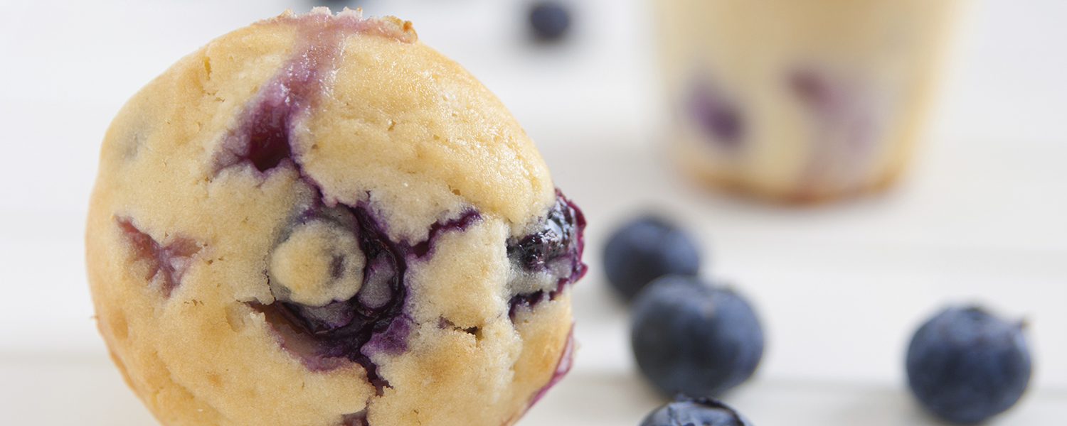 A moist Blueberry Muffin lays on a table facing the camera. Several blueberries are also placed.