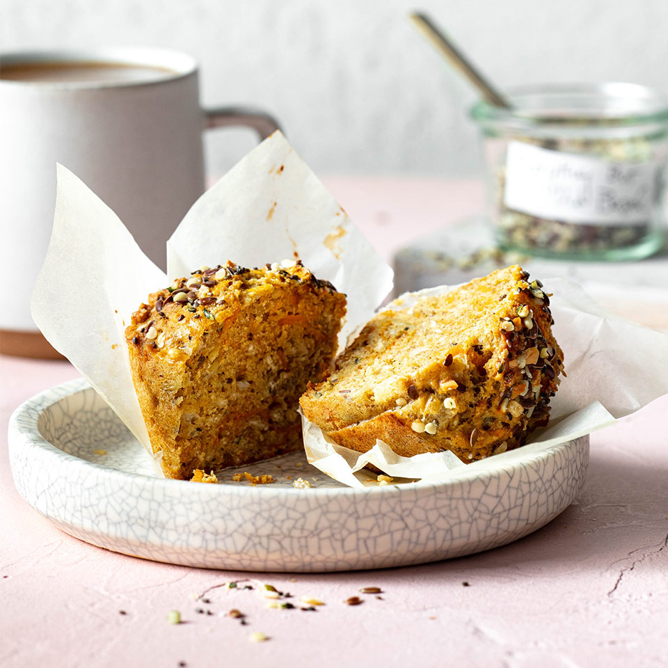 “Everything Bagel” Superhero Muffin cut in half on plate