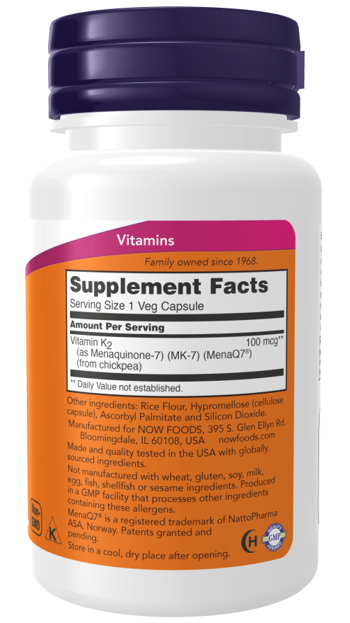 MK-7 Vitamin K-2 100 mcg - 60 Veg Capsules Bottle Right